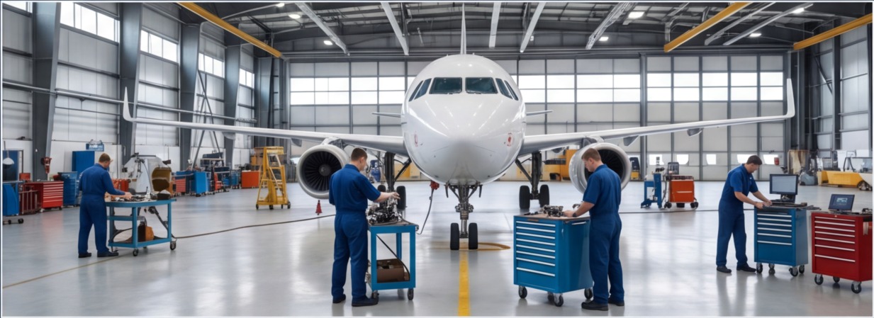 Technicians in a maintenance hangar